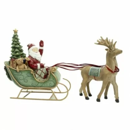 babbo natale su slitta con renne in resina
