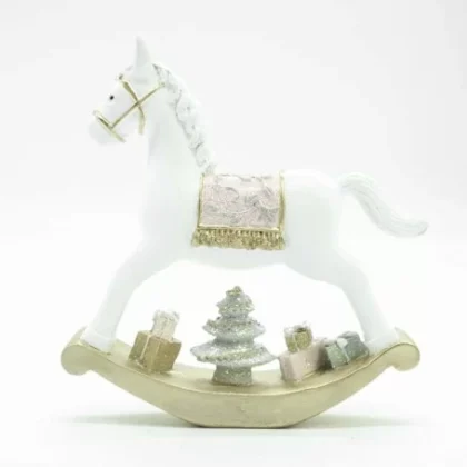 cavallo a dondolo natalizio in poliresina bianco e rosa disponibile in tre misure